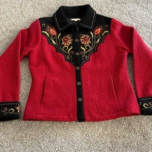 Carson boiled wool deep red jacket with black details and appliqué!